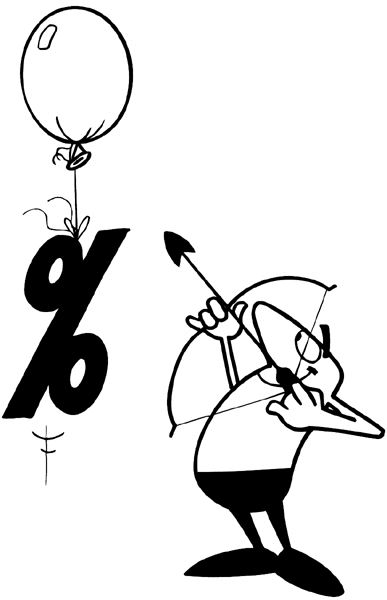 Man shooting arrow at inflated balloon vinyl sticker. Customize on line. Money Banks Stock Market Business 008-0185